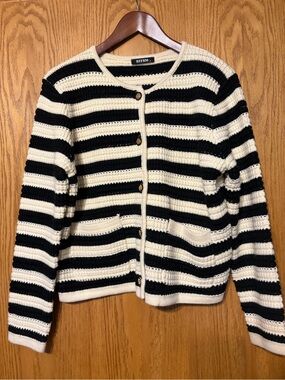 BTFBM Striped Knit Cardigan Sweater - Black & Cream